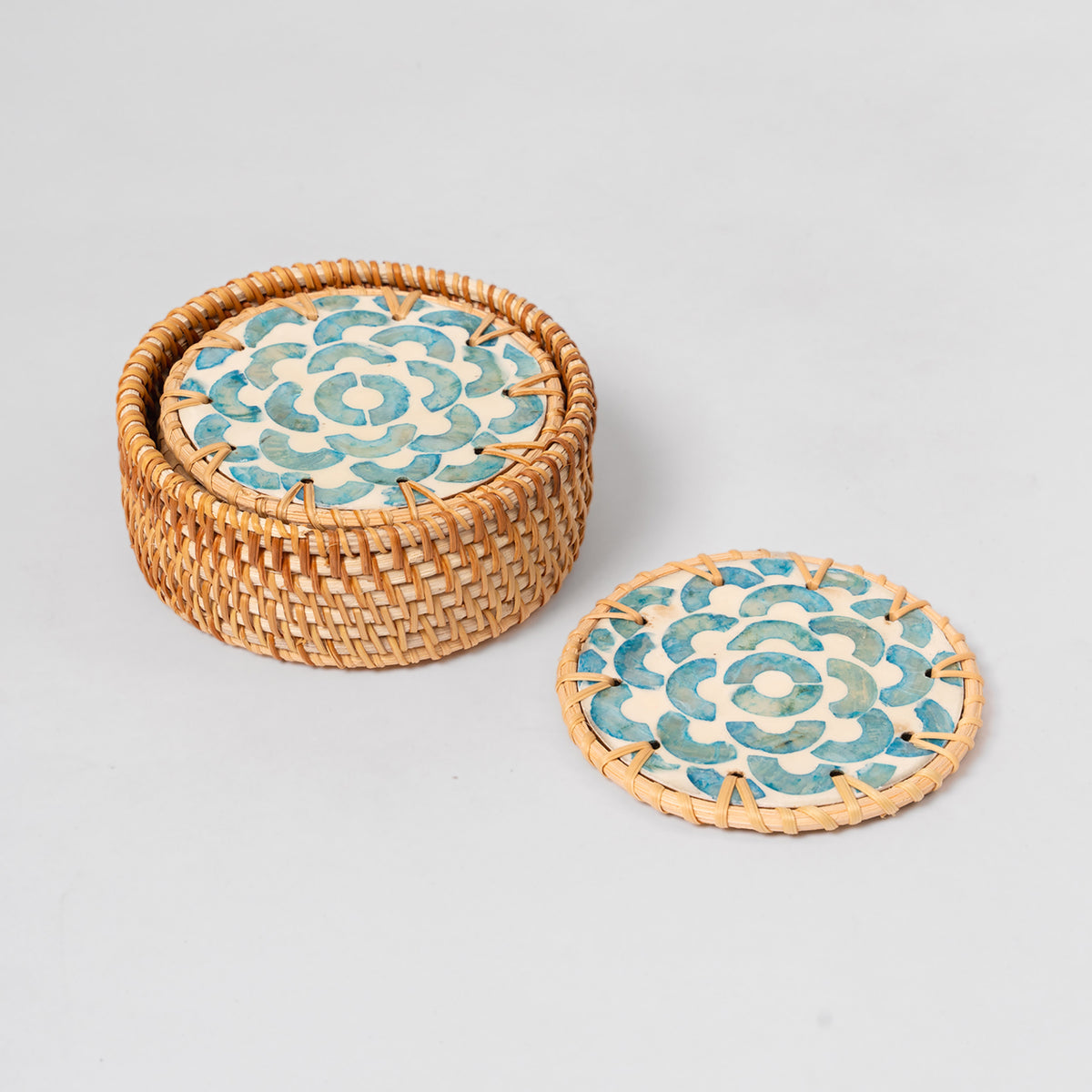 Bloom Rattan Coasters (Set of 6) – Blue Mother of Pearl | Handwoven ...