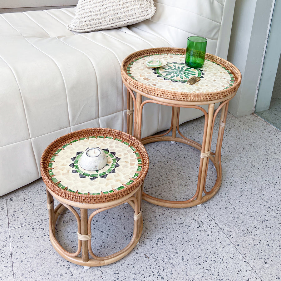 Oasis Rattan Table Set – Green Mother of Pearl Nesting Side Tables (Set ...