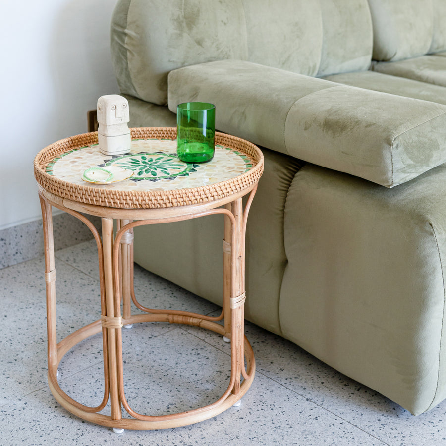 Oasis Rattan Side Table – Green Mother of Pearl Inlay | Handcrafted ...