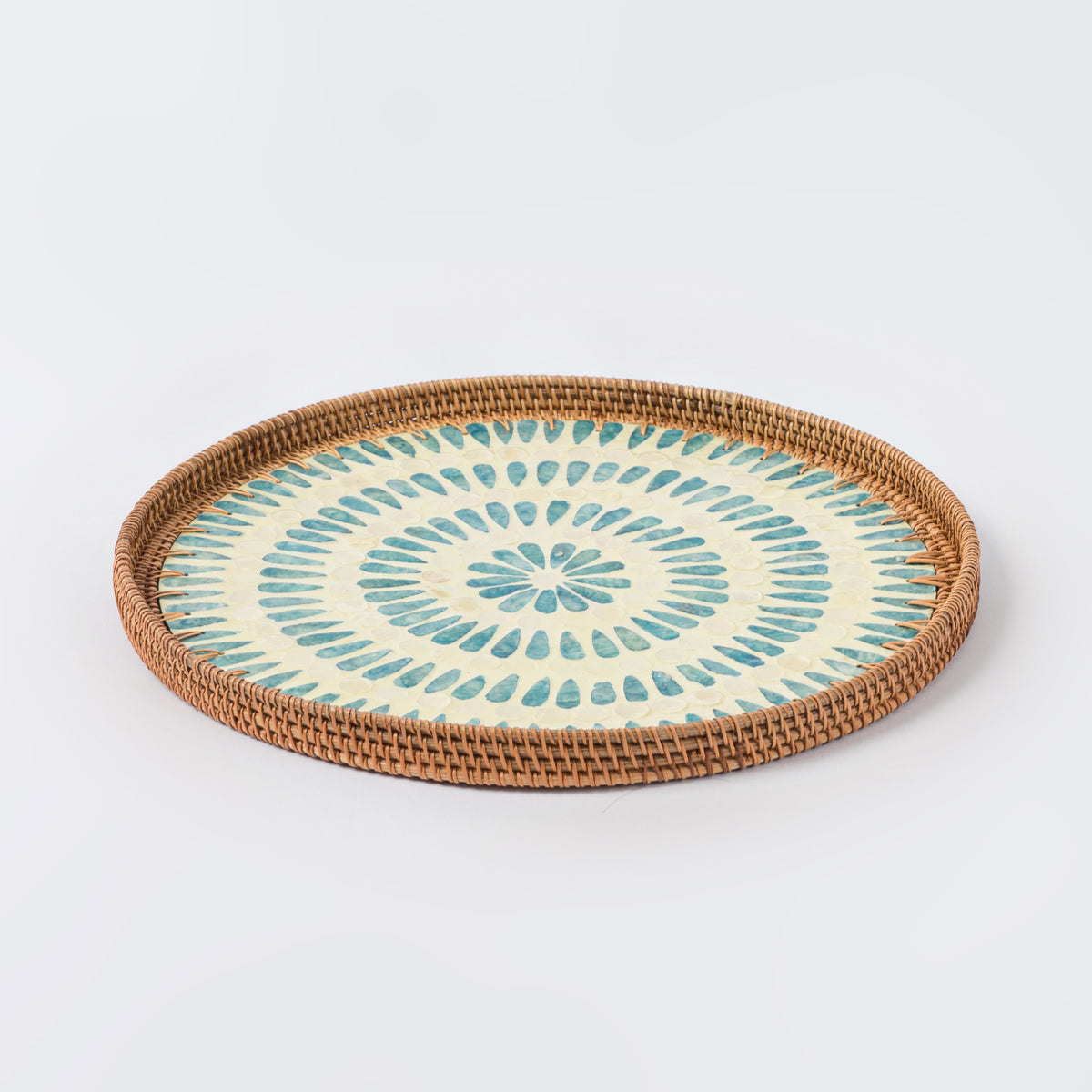 Serene Round Rattan Tray – Turquoise Mother of Pearl | Handcrafted ...