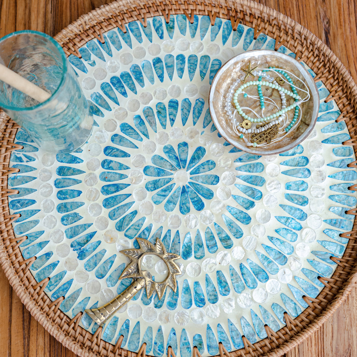 Serene Round Rattan Tray – Turquoise Mother of Pearl | Handcrafted ...