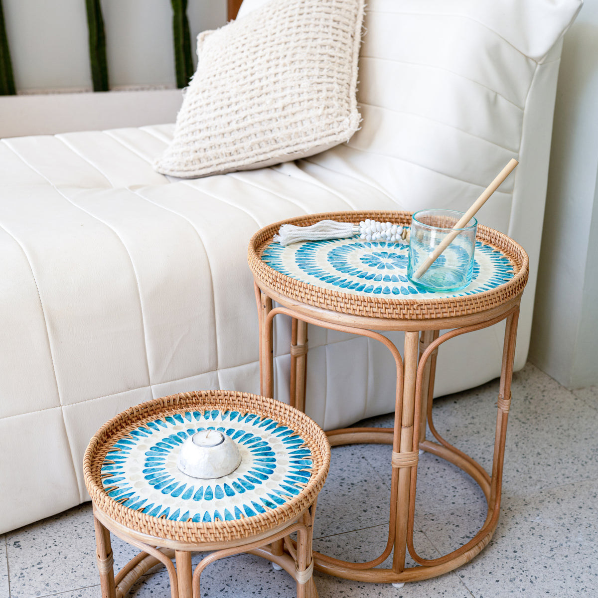 Serene Rattan Table Set – Turquoise Mother of Pearl Nesting Side Tables ...